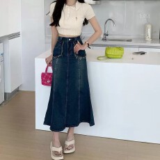 批发高腰牛仔半身裙女春秋A字显瘦遮跨中长款鱼尾裙