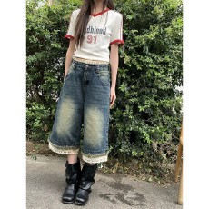批发美式酷辣<b class='q'>街头</b>休闲短裤女2026夏新款复古高街格子阔腿牛仔七分裤潮