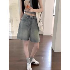 批发<b class='q'>夏</b>季新款浅蓝色五分牛仔短裤女水洗做旧高腰宽松百搭直筒阔腿中裤