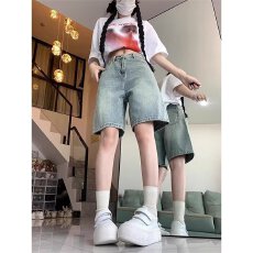批发大码美式高街复古牛仔五分裤男女<b class='q'>夏</b>季新款直筒宽松做旧休闲短裤潮
