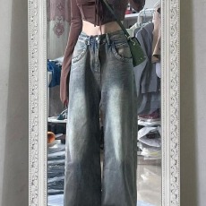 批发小个子垂感阔腿做旧牛仔裤女秋季新款高腰直筒显瘦宽松百搭拖地裤