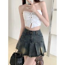批发辣妹美式复古毛边牛仔百褶裙女2024夏季高腰a字半身裙辣妹短裙