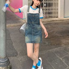 批发美式复古牛仔背带显瘦2025连衣裙小个子高腰工装吊带短裙<b class='q'>夏</b>季遮肉