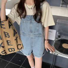 批发夏季薄款盐系高腰牛仔<b class='q'>背带裤</b>女夏韩版宽松小个子网红背带短裤阔腿