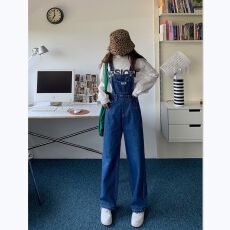 批发牛仔背带裤女减龄2026春<b class='q'>秋</b>新款韩版宽松高腰直筒吊带裤阔腿拖地裤