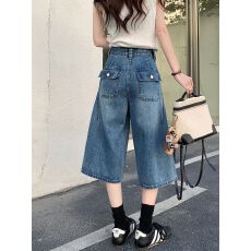 批发美式高街复古阔腿七分牛仔裤女夏季新款<b class='q'>通勤</b>高腰显瘦宽松直筒裤子