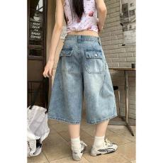 批发美式复古浅色阔腿牛仔裤女夏季大码胖mm高腰宽松多口袋拼接七分裤