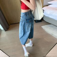 批发美式直筒七分牛仔裤女大码胖mm高腰宽松显瘦百搭五分阔腿裤小个子