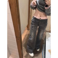 批发美式辣妹设计感撞色腰头拼接牛仔裤子女y2k千禧风显瘦微喇叭长裤