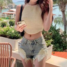 批发美式辣妹高腰破洞毛边牛仔短裤女夏设计感小众显瘦a字热裤阔腿裤