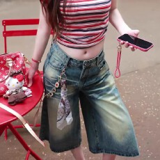 批发复古做旧阔腿牛仔裤女2026夏薄款七分裤宽松小个子显瘦百搭直筒裤
