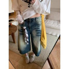 批发2026春夏季新款韩版美式复古水洗宽松显瘦阔腿直筒裤牛仔七分裤女