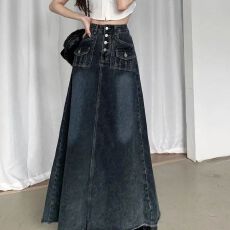 批发<b class='q'>大码</b>胖mm高腰毛边牛仔半身裙女春夏新款复古设计感小众A字中长裙