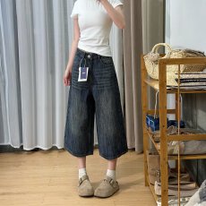 批发复古设计感高腰水洗七分牛仔裤女<b class='q'>夏</b>季新款松弛显瘦阔腿裤潮