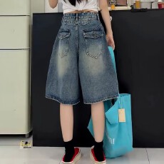 批发牛仔中裤女2026<b class='q'>夏</b>季新款复古蓝百搭宽松显瘦运动风阔腿五分裤