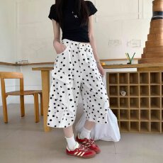 批发裤子女潮牌波点满印垂感休闲阔腿裤复古百搭显瘦褶皱长裤