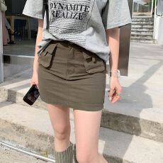 批发小众辣妹工装牛仔半身短裙防走光内衬复古前口袋A字包臀裙子