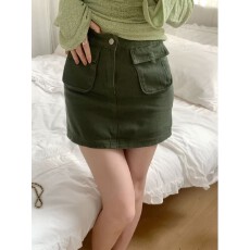 批发绿色工装短裙女2026夏款军绿辣酷风高腰包臀a字短裙子设计感