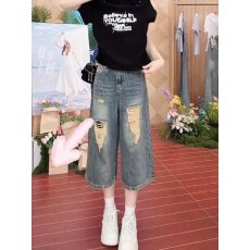 批发大码美式复古破洞牛仔裤女2026春夏新款辣妹<b class='q'>街头</b>设计感低腰七分裤