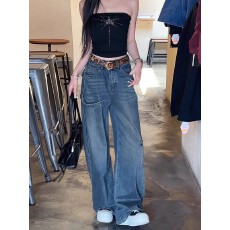 复古蓝做旧辣妹牛仔裤女2026春季新款高腰宽松显瘦百搭拖地阔腿裤