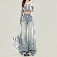 批发美式复古印花阔腿牛仔裤女高腰新款春秋宽松显瘦个性设计直筒裤子