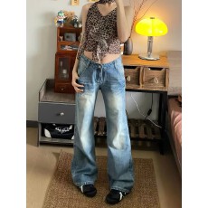 批发美式高街低腰微喇叭牛仔裤女秋季新款复古蓝宽松显瘦垂感拖地裤子