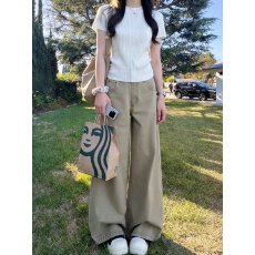 批发美式复古卡其色阔腿牛仔裤女休闲宽松直筒拖地裤子