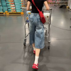 批发韩系浅蓝色阔腿牛仔裤女时尚高腰宽松显瘦垂感拖地裤