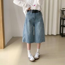 批发美式复古水洗阔腿工装牛仔短裤女<b class='q'>夏</b>季高级感宽松直筒七分裤