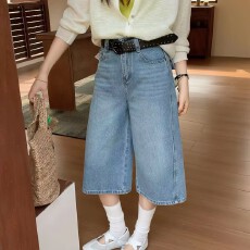 批发<b class='q'>夏</b>上新复古蓝水洗七分牛仔裤宽松百搭阔腿中裤牛仔裤