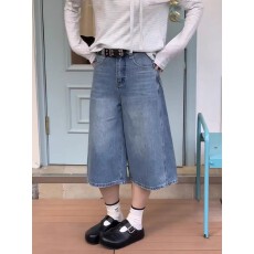 批发复古蓝高腰阔腿七分牛仔裤女秋季做旧宽松百搭小个子休闲直筒中裤
