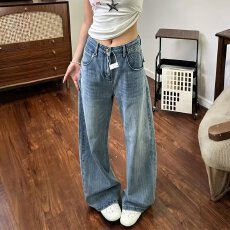 批发美式复古巴黎扣设计竹节牛仔裤男女水洗直筒宽松百搭长裤ins
