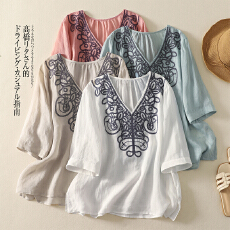 批发实拍 文艺棉麻衬衫女刺绣V领休闲百搭宽松显瘦夏季薄款<b class='q'>七分袖</b><b class='q'>T</b><b class='q'>恤</b>