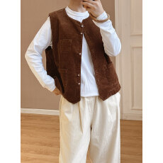 批发官图  灯芯绒休闲日系<b class='q'>百搭</b>纯色圆兜马甲女叠穿文艺复古风马夹