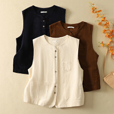 批发实拍 灯芯绒休闲日系<b class='q'>百搭</b>纯色圆兜马甲女叠穿文艺复古风马夹