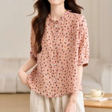 批发官图 2026年春夏新款波点<b class='q'>衬衣</b>休闲宽松木耳边立领<b class='q'>衬衣</b>五分袖T恤衫