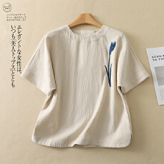 批发实拍 米色刺绣棉麻短袖女t恤2026新款春夏休闲宽松正肩气质小衫