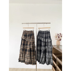 批发荷叶边松紧高腰遮跨显瘦格子中长裙秋冬季新款韩版百搭半身裙