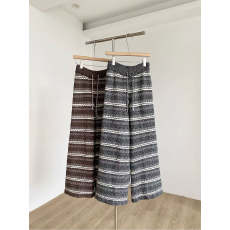 批发秋冬新款韩版复古民族风别致设计<b class='q'>条纹</b>抽绳高腰休闲阔腿长<b class='q'>裤</b>