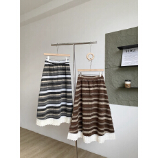 批发复古条纹毛呢加厚韩版秋冬新款高腰A<b class='q'>字</b><b class='q'>裙</b>中长款拼接蕾丝花边