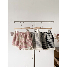 批发韩版小众<b class='q'>甜美</b>减龄条纹休闲短裤秋冬高腰系带蕾丝边显瘦短裤