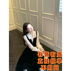 批发桃可了 黑白画境 刺绣重工翻领白色衬衣女+背带<b class='q'>丝绒</b>连衣裙<b class='q'>套装</b>秋