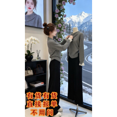 批发灰色翻领毛衣<b class='q'>女</b>春季韩系慵懒高级感加厚<b class='q'>蕾丝</b>内搭裤子套装两件套