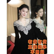 批发从一时刻撒旦之花蕾丝花边V领长袖丝绒<b class='q'>连衣裙</b>收腰A摆长短裙