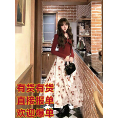 批发Bull0313一个叁日暮玫瑰 复古红玫瑰收腰显瘦内搭上衣<b class='q'>丝绒</b>裙