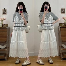 批发实拍现 2026新款大码女装夏装 蕾丝拼接假两件上衣半身裙套装