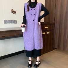 批发实拍现  2025新款秋冬装<b class='q'>大码</b>女装黑色针织连衣裙紫色<b class='q'>背心</b>裙两件套