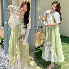 批发现 2026新款<b class='q'>大码</b><b class='q'>女</b>装 春夏装 拼接蕾丝吊带裙+开衫两件套