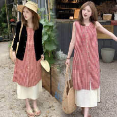 批发现  2026新款大码女装 春夏装 假两件格子背心裙+开衫两件套