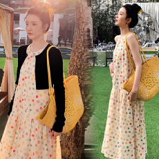 批发现 2026新款大码女装 春夏装 圆点挂脖裙+开衫两件套